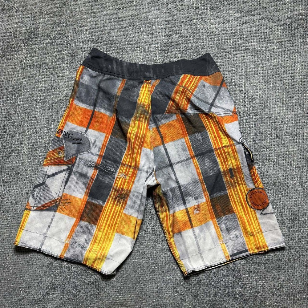 Billabong Board Shorts Mens 32 Orange Grey Plaid Distressed Y2K Surf Cargo